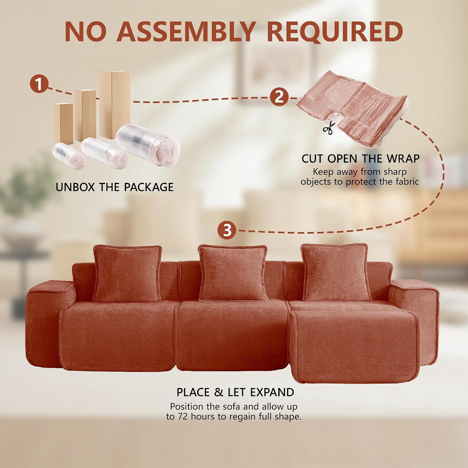 109" 3-Seat Modular U-Shaped Sectional Sofa, Red Velvet with Throw Pillows, No Assembly Required
