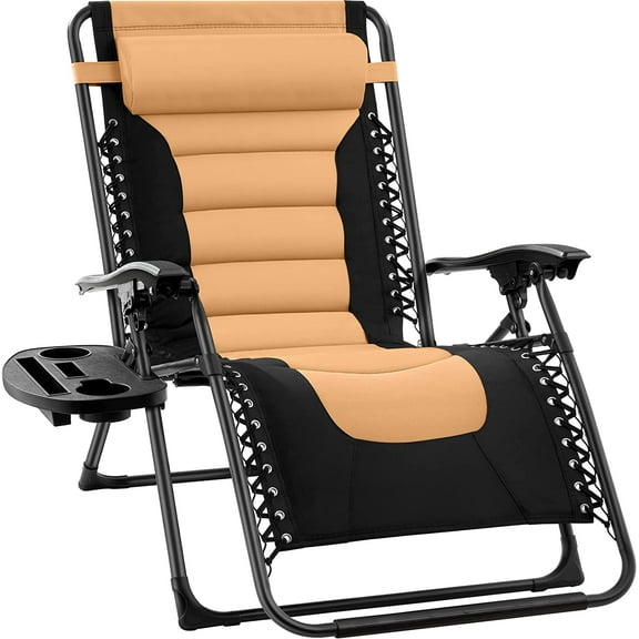 Lorelia Oversized Padded Zero Gravity Chair, Folding Outdoor Patio Recliner, XL Anti Gravity Lounger for Backyard w/Headrest, Cup Holder, Side Tray, Polyester Mesh - Black/Tan