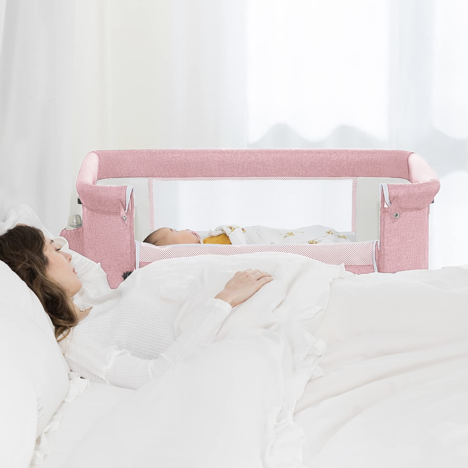 NEWLAKE 3 in 1 Bassinet for Baby, Height Adjustable Bedside Sleeper for Newborn Infant/Baby Boy/Baby Girl (Pink)