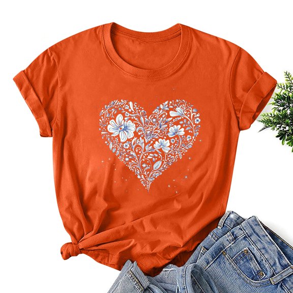 Valentine's Day Shirts For Women Funny Lover Love Printed T-Shirt Casual Round Neck Short Sleeved Baggy Lightweight Top Orange L