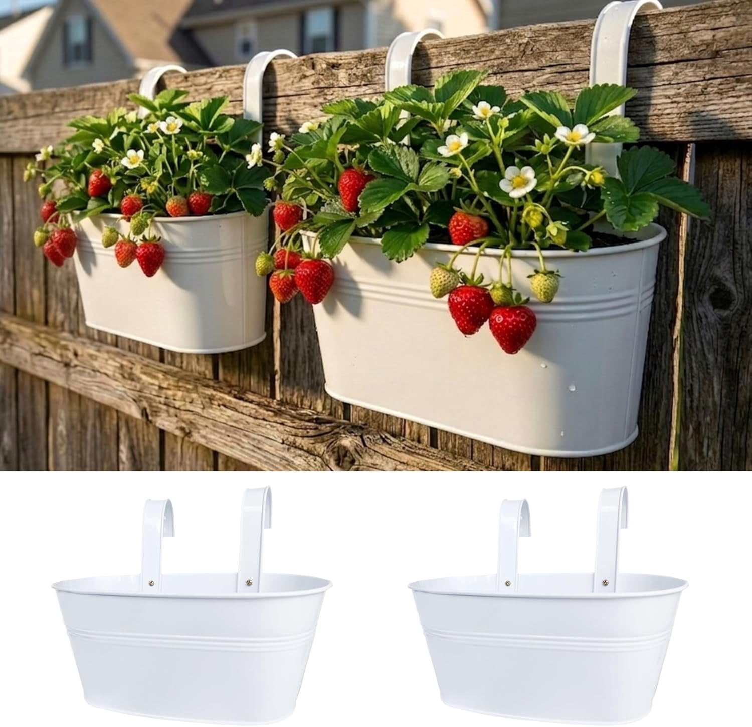 Rail Planters for Outdoor 2 Pack 11 Inch White Metal Hanging Flower Pots Deck Railing Fence Window Box Plant Holders with Hooks Porch Decor