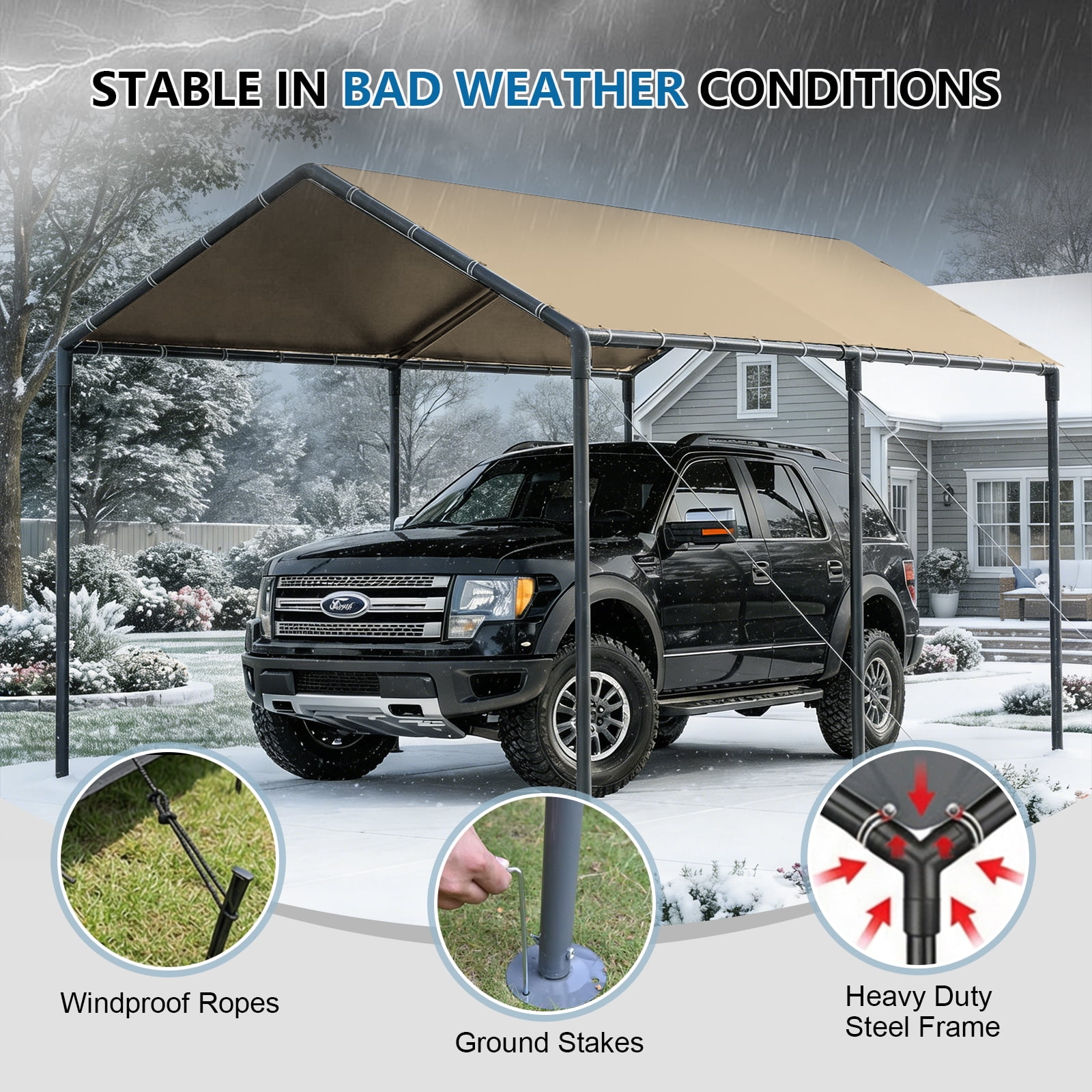Grezjxc 10x20 ft Metal Carport Car Canopy Portable Car Tent Garage, Beige