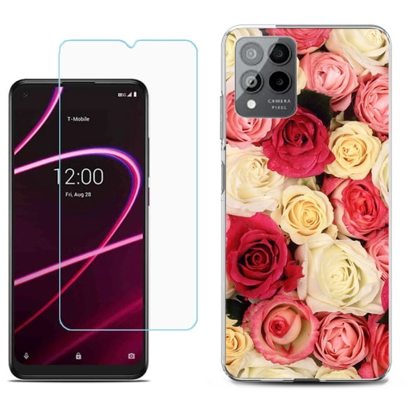Slim-Fit Gel TPU Phone Case for T-Mobile Revvl 6 Pro 5G, with Tempered Glass Screen Protector, by OneToughShield ® - Rose Bouquet