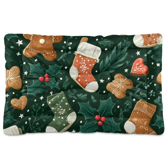 Cozy Mat Pet Bed Indoor Outdoor Warm Soft For Cat Dog Puppy(S/M) Christmas Cookies and Holly Leaves