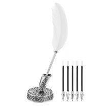 Uxcell White Feather Ballpoint Pens Bulk, Metal Holder Black Ink Vintage Quill Pens with 5pcs Refill for Office, Home