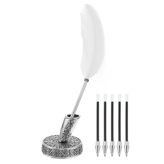 Uxcell White Feather Ballpoint Pens Bulk, Metal Holder Black Ink Vintage Quill Pens with 5pcs Refill for Office, Home