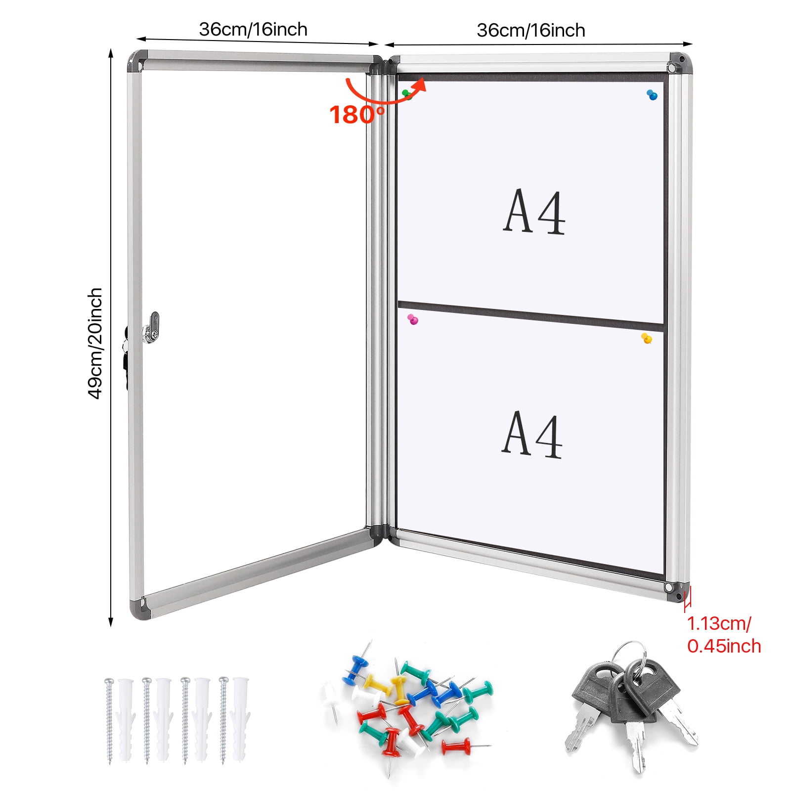 SWANCROWN Enclosed Fabric Bulletin Board with Lock 20"x 16", Grey, Aluminum Frame