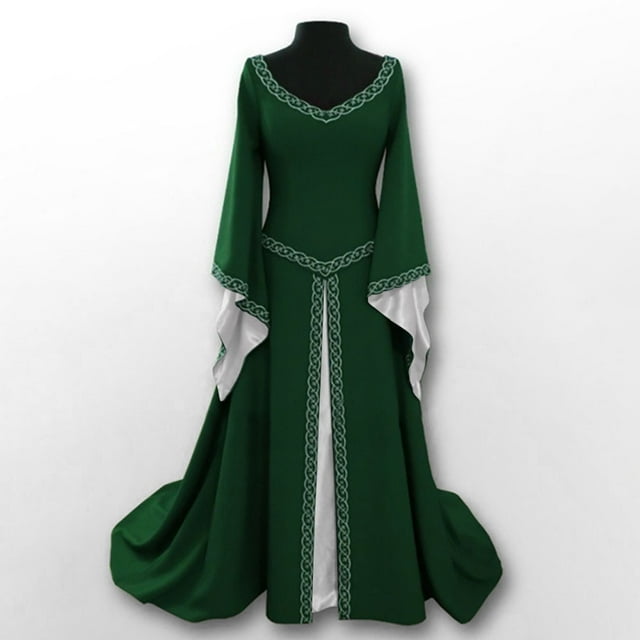 DPTALR Robe Médiévale à Manches Longues et Col en V pour Femmes Robe de Cosplay Longueur au Sol