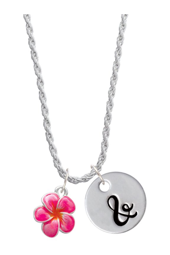Silvertone Hot Pink and Orange Flower Silvertone Script Initial Disc - & - Charm Necklace, 20"+3"