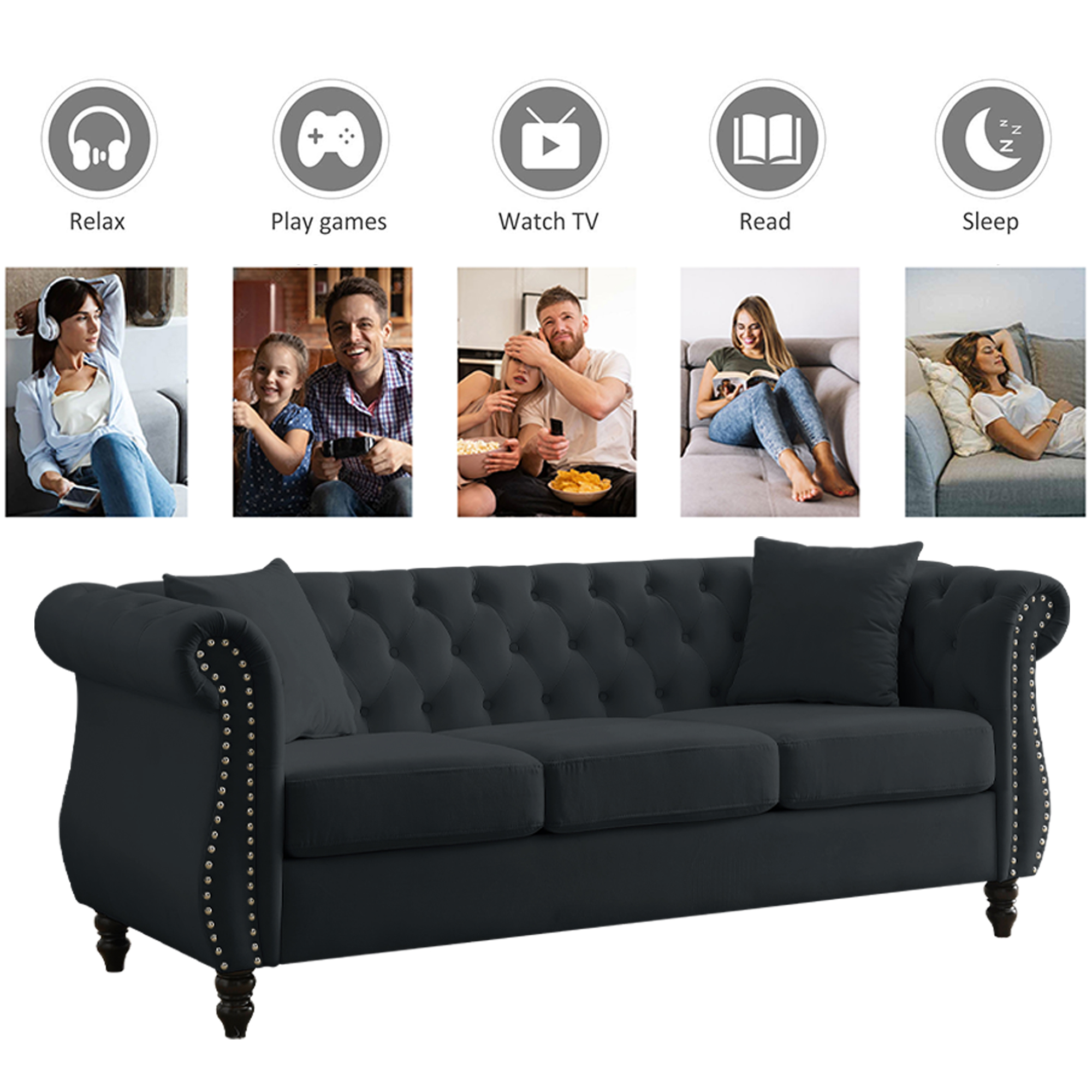 Mid-Century 80"L Couch, 3-Seat Couches and Sofas, Upholstered Sofa with Thicked Cushions, Modern Sofa with Wood Legs, Heavy Duty Couch Furniture for Home Living Room, 80"L x 29"W x 30"H, Black