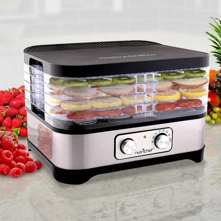 Dehydrator Stainless Steel Trays NutriChef PKFD30 - Compact Food Dehydrator - Countertop Food Preserver with Multi-Tier Stackable Trays (Stainless Steel) ()