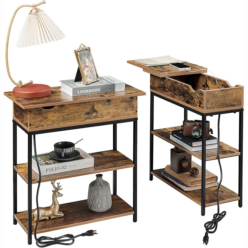 Set of 2 bedside tables with charging station, narrow side table with