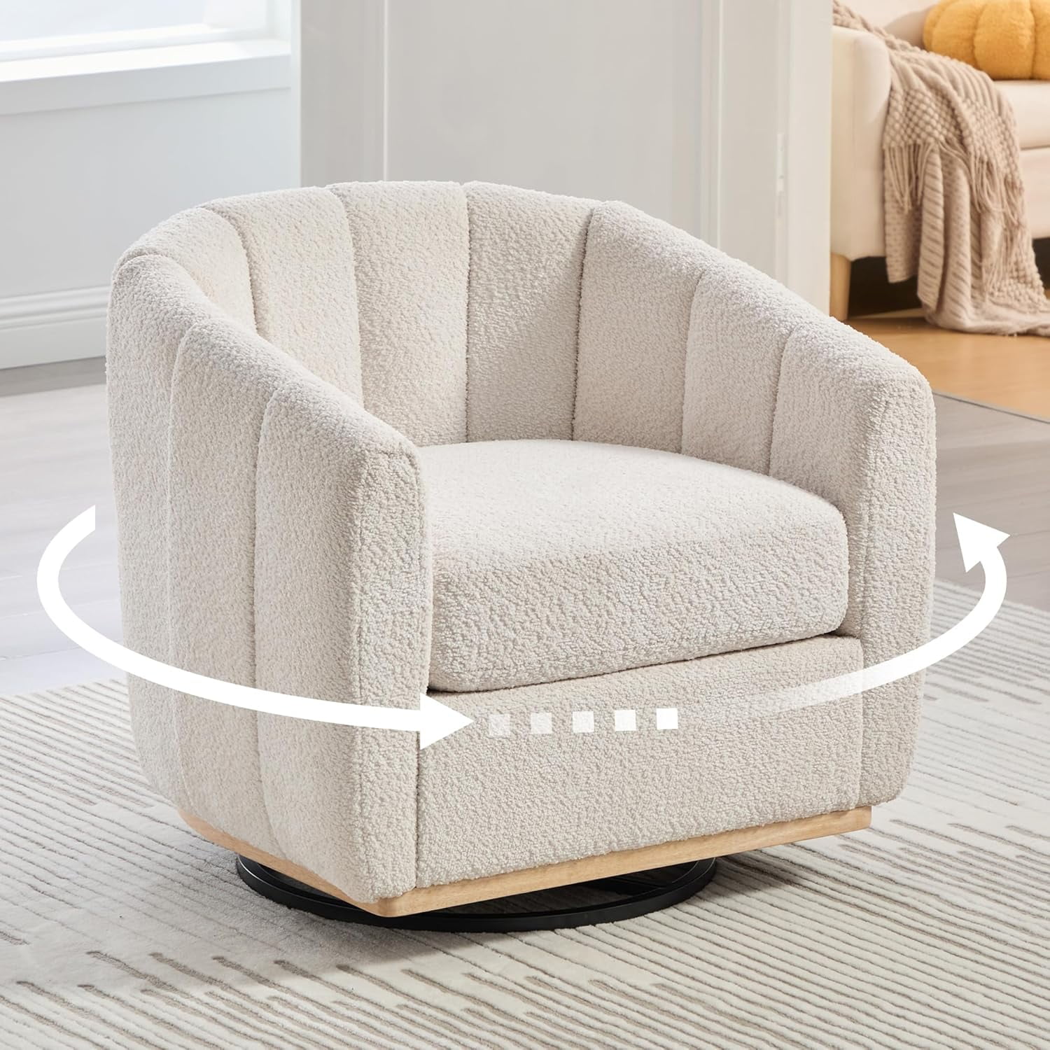 Modern Swivel Accent Chair,Boucle Swivel Barrel Chair with Wide Curved Backrest,Upholstered Club Armchair for Living Room,Bed Room,Office,Ivory