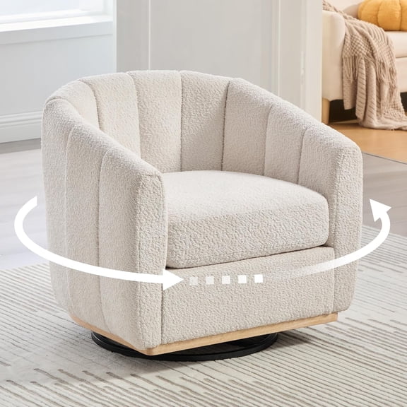 Modern Swivel Accent Chair,Boucle Swivel Barrel Chair with Wide Curved Backrest,Upholstered Club Armchair for Living Room,Bed Room,Office,Ivory