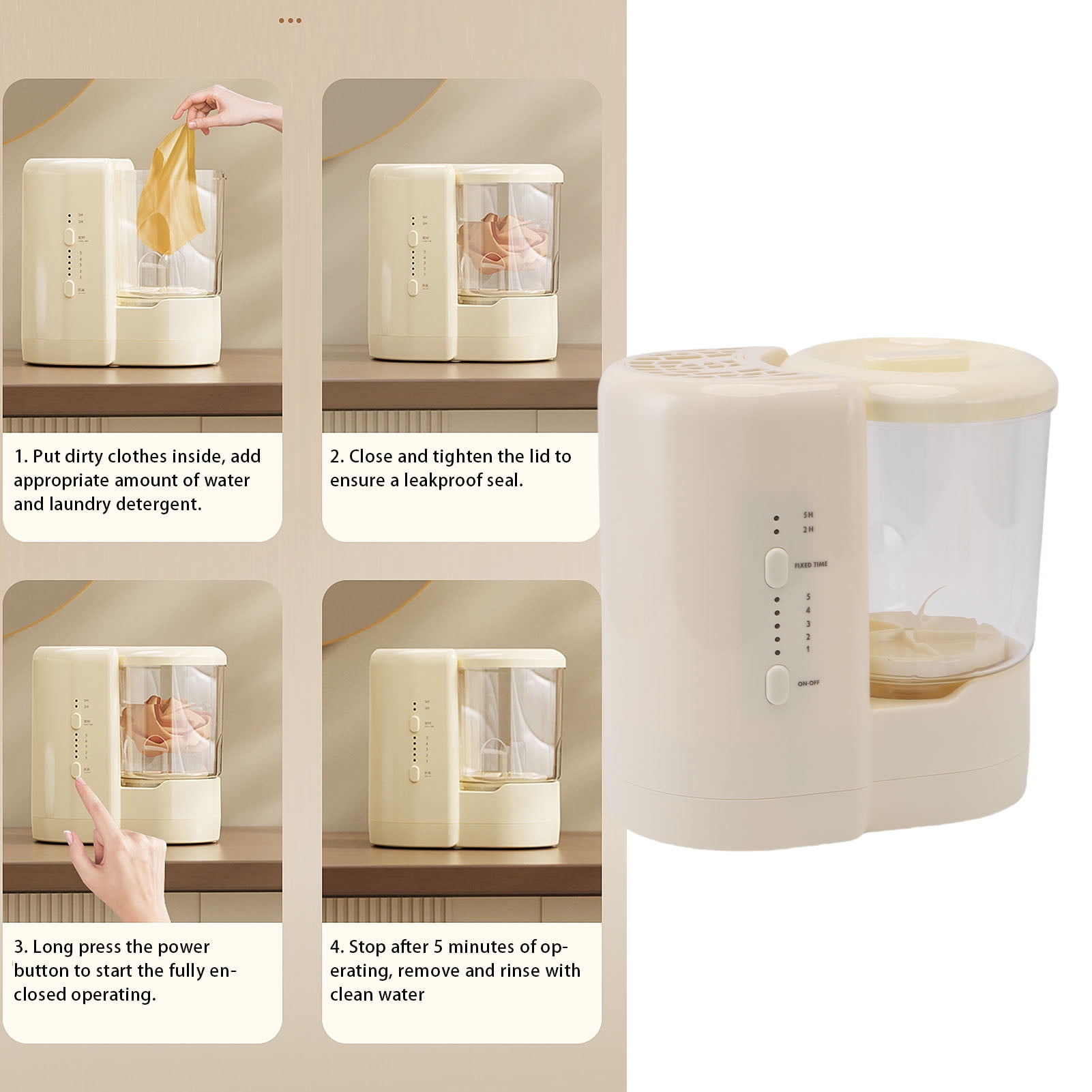 Suodoka 2 in 1 Multifunctional Portable Underwear Washing Machine and Automatic Cosmetic Makeup Brush Cleaner for Home Apartment Dorm Travel, High-Efficiency Compact Washer, Beige (8.7 in / 22 cm)