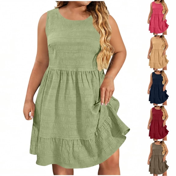 VBVC Women's Plus Sleeveless Ruffled Mini Dress,Ladies Summer Flowy A-Line Dress,Business Work Dress For Women,Red,L-5XL
