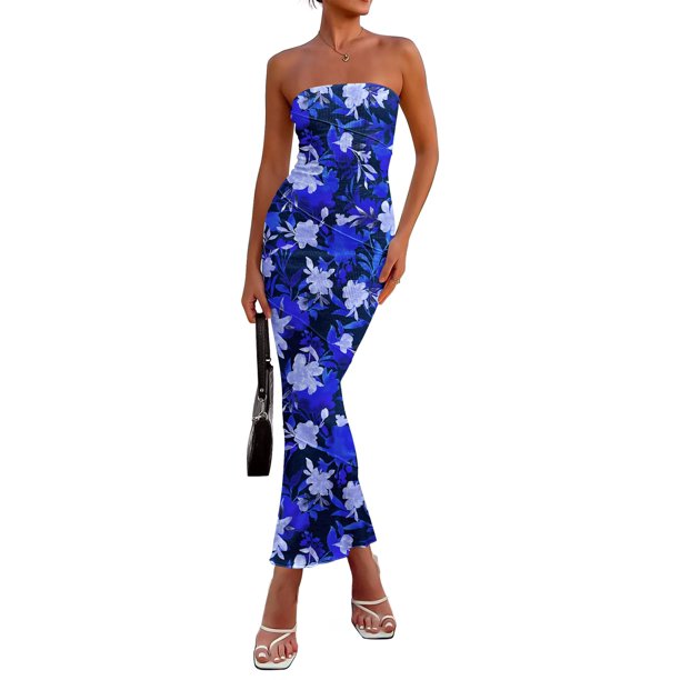 Vestido largo PRETTYGARDEN 2025 con estampado floral azul acanalado para mujer