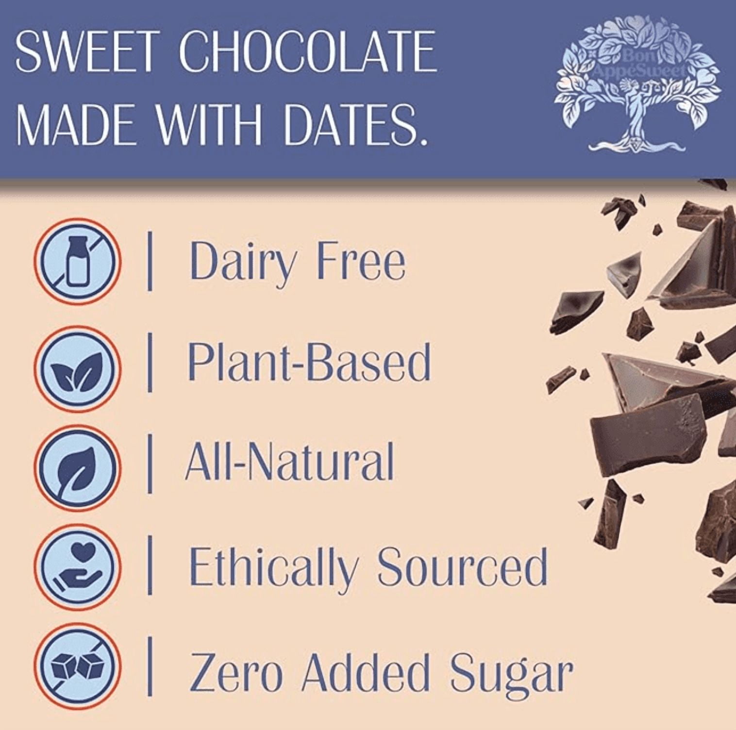 Bon Appesweet Date Sweetened Chocolate Bar - Better than Milk Chocolate | 2.2 Ounce (Pack of 3) | Organic, Zero Added Sugar, 54% Cacao, Plant Based, Dairy Free, and Guilt Free!