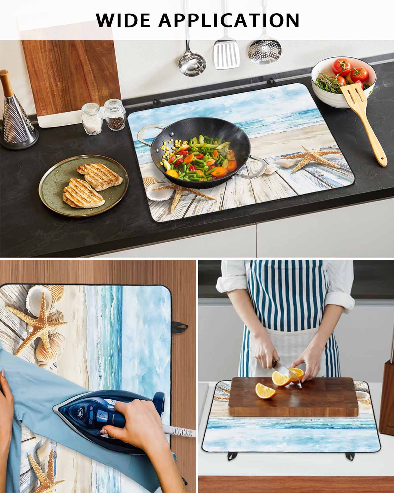 nqOlkjepod Large Induction Cooktop Protector Mat 36"x21", Summer Coastal Stove Top Covers for Electric Stove, Watercolor Ocean Waves Seaside Starfish Stove Burner Cover Mats, Glass Top Stove Cover