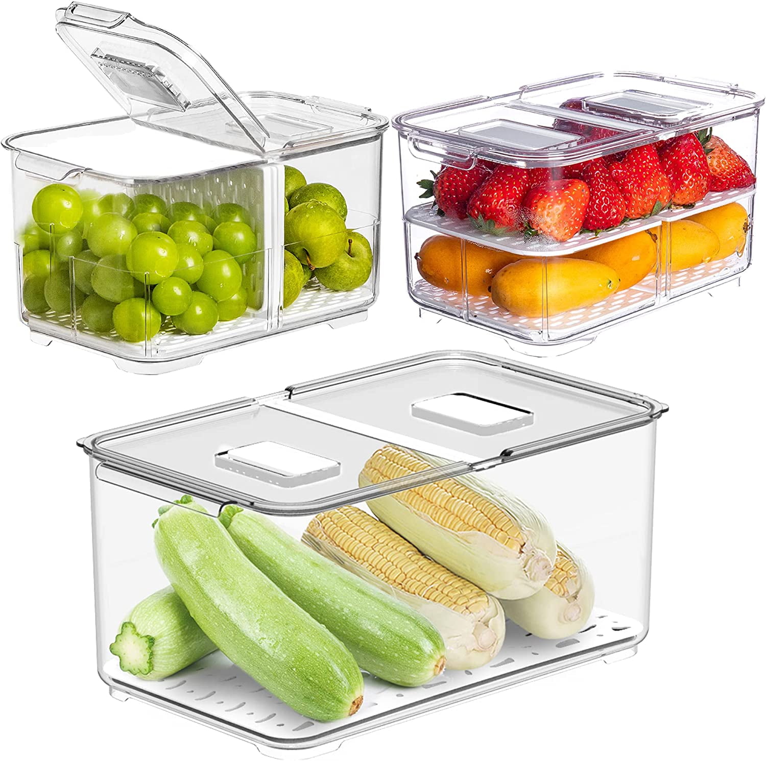 Extra Large Fruit Vegetable Storage Container with Folding Lids, 3 Pack Produce Saver with Vents Stackable Fridge Organizer Salad Lettuce Keeper For Refrigerator, 9L&5.7L&2.8L