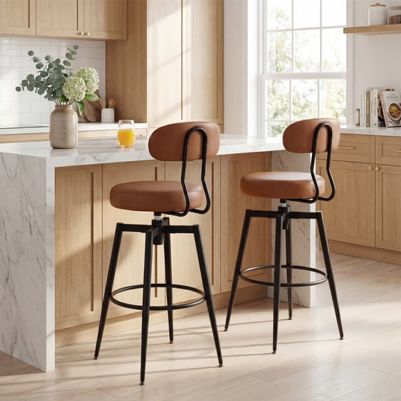 ELLEGNT 2 PCS Bar Height Swivel Stools – Faux Leather Upholstered Seat and Back, Black Brown