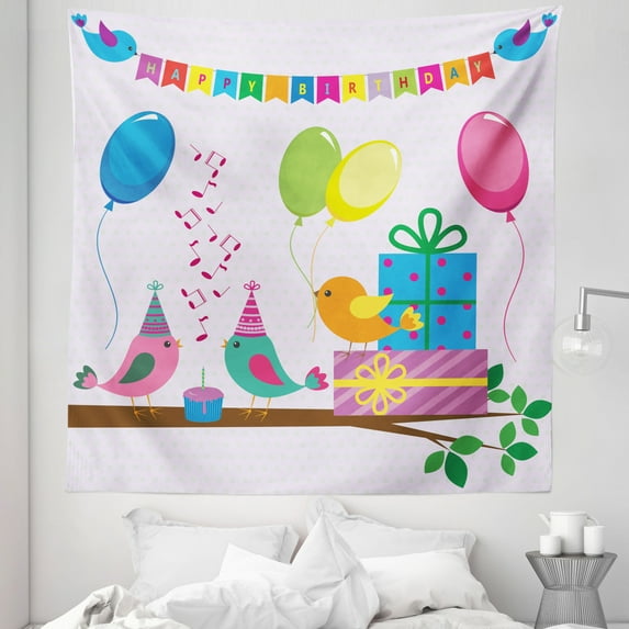 Birthday Party Tapestry, Singing Birds Happy Birthday Song Flags Cone Hats Party Cake Celebration, Fabric Wall Hanging Decor for Bedroom Living Room Dorm, 5 Sizes, Multicolor, by Ambesonne