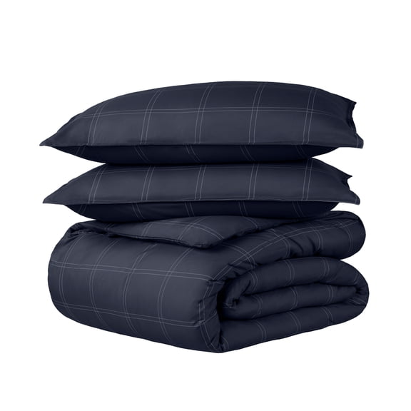 Bare Home Luxury Duvet Cover and Sham Set - Premium 1800 Collection - Ultra-Soft - Full, Modern Plaid - Midnight Blue/White, 3-Pieces