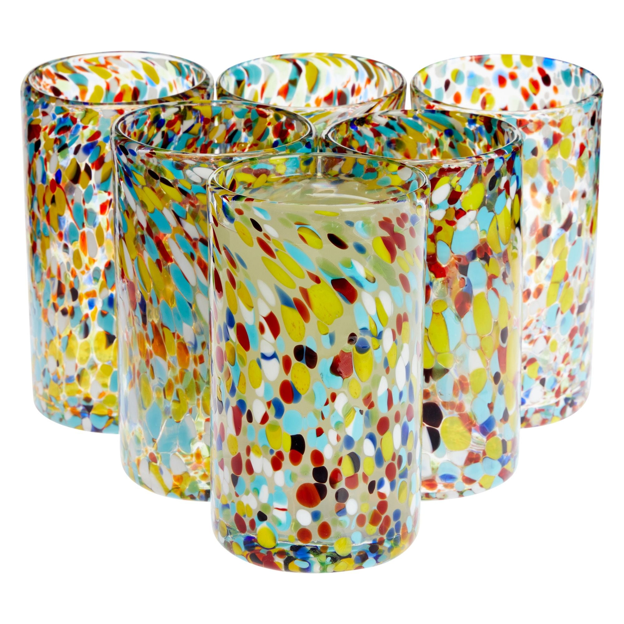 Lot De 6 Verres Mexicains Soufflés à La Main – 414 Ml – Design Confettis Colorés – Verre Recyclé Artisanal Pour Boissons Et Apéros