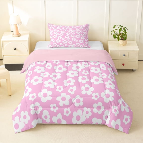 Homewish Pink Boho Floral Twin Comforter Sets,Kawaii Cartoon Themed Bedding Set,Pink Reversible,2pcs,1 Comforter and 1 Pillowcase