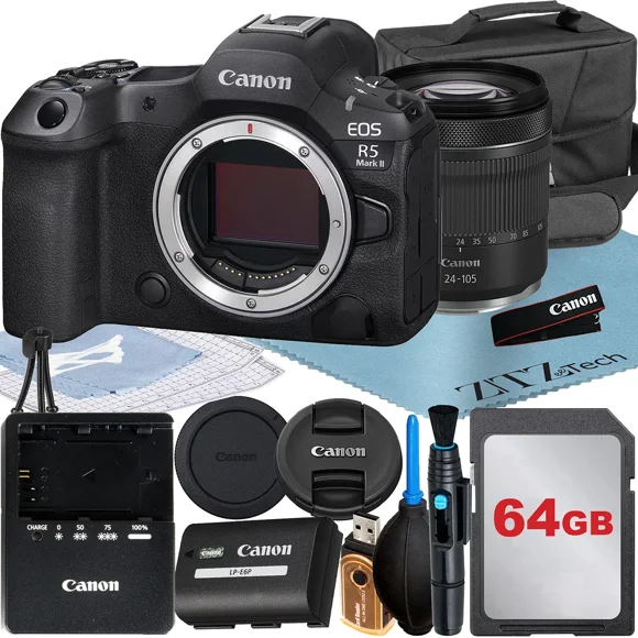 Canon EOS R5 Mark II Appareil Photo Sans Miroir avec Objectif RF 24-105mm + Carte Mémoire 64 Go + Étui + Ensemble d'Accessoires ZeeTech