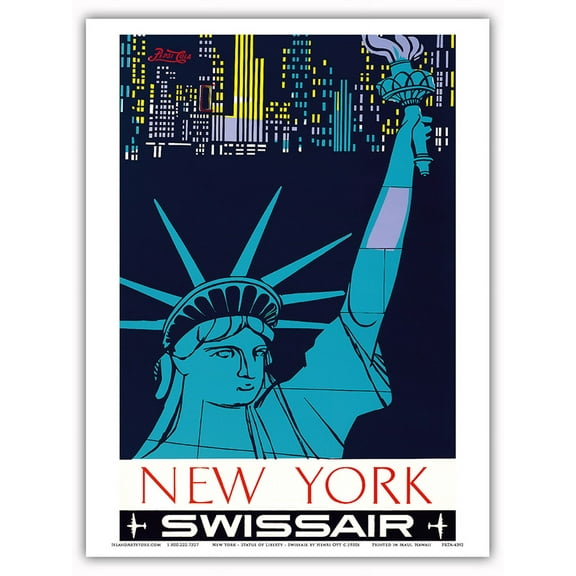 New York - Statue of Liberty - Swissair - Vintage Airline Travel Poster by Henri Ott c.1951 - Master Art Print (Unframed) 9in x 12in