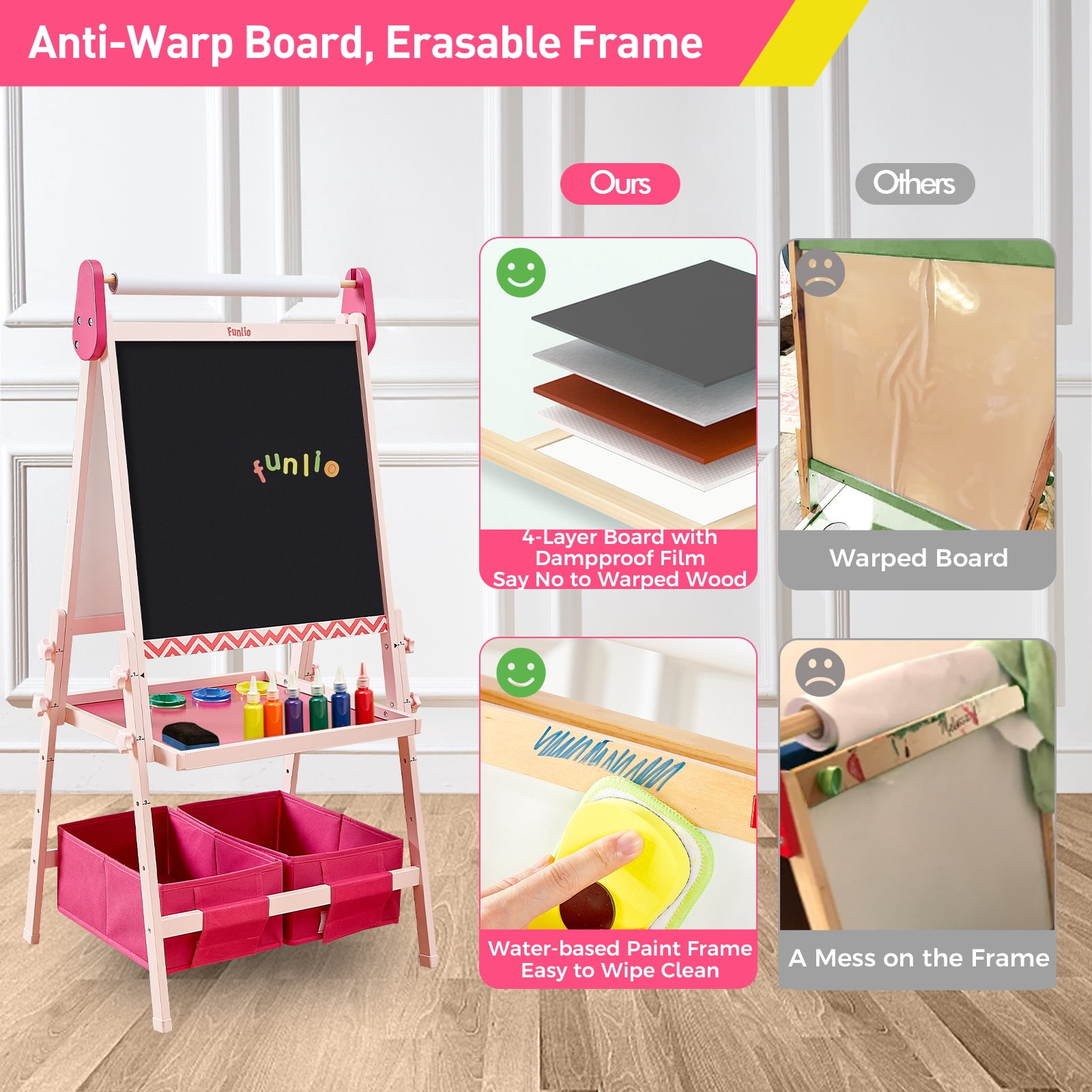FUNLIO Kids Art Easel, 3 Height Adjustable for Kids Aged 2-8, Toddler Easel with Paper Roll, Anti-Warp & Magnetic Chalkboard/Whiteboard, All-in-One Standing Easel with Erasable Frame (Pink)