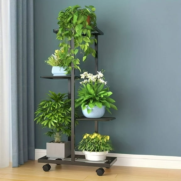 Multi-Tiered Metal Flower Stand with Sliding Wheels - Versatile Indoor/Outdoor Display Rack