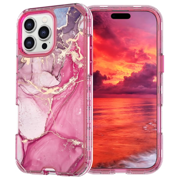 Allytechgroup for iPhone 17 Pro Case, 3 Layers Protection Slim Lightweight Shockproof Soft TPU & Hard Back Protective Bumper Cover Marble Shell, E