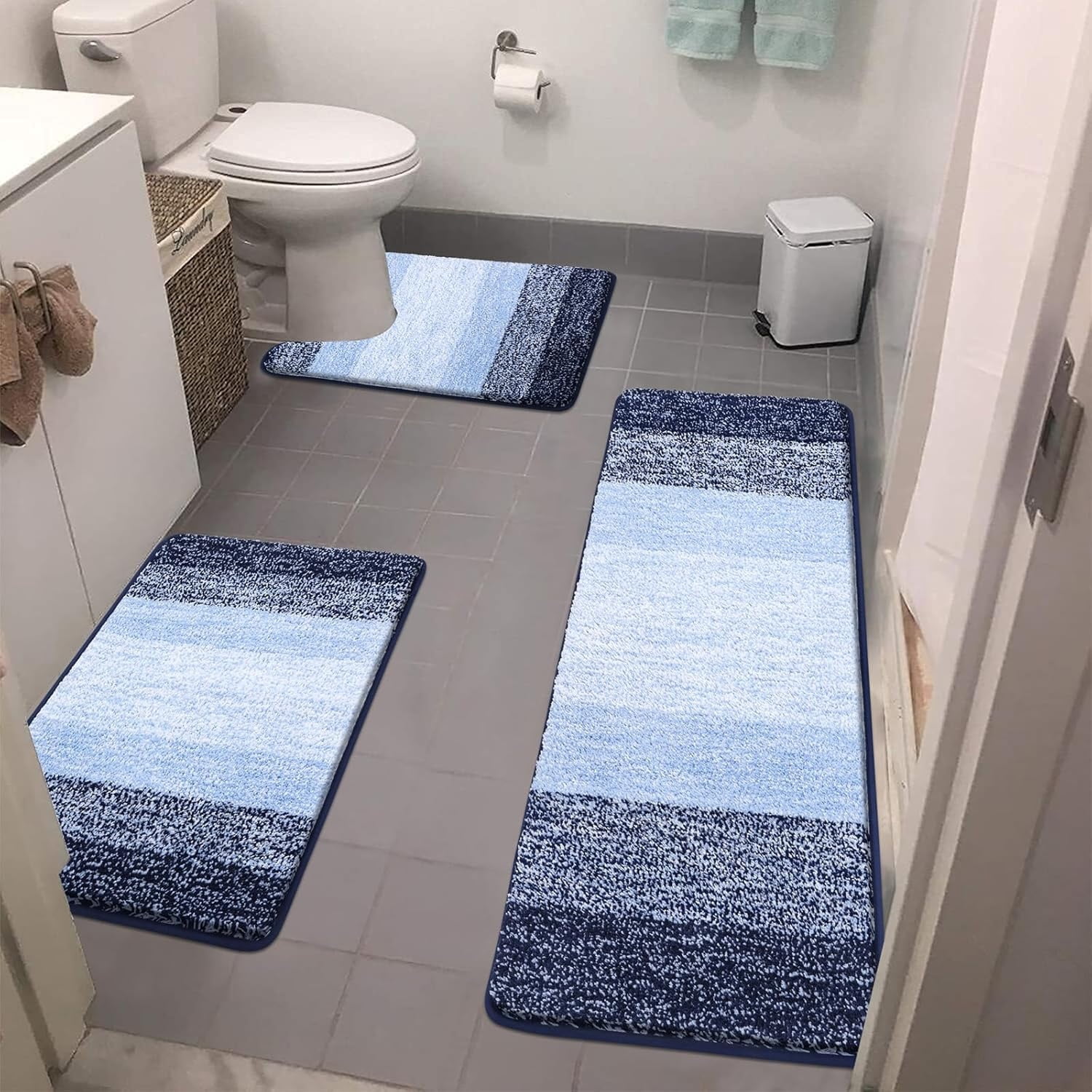 Bathroom Rugs, Yamaziot Bath Mat Set of 3, Absorbent Microfiber Non Slip Shaggy Ultra Soft Bathroom Runner with U Shaped Contour Toilet Mat for Tub Front, Shower Inside Floor