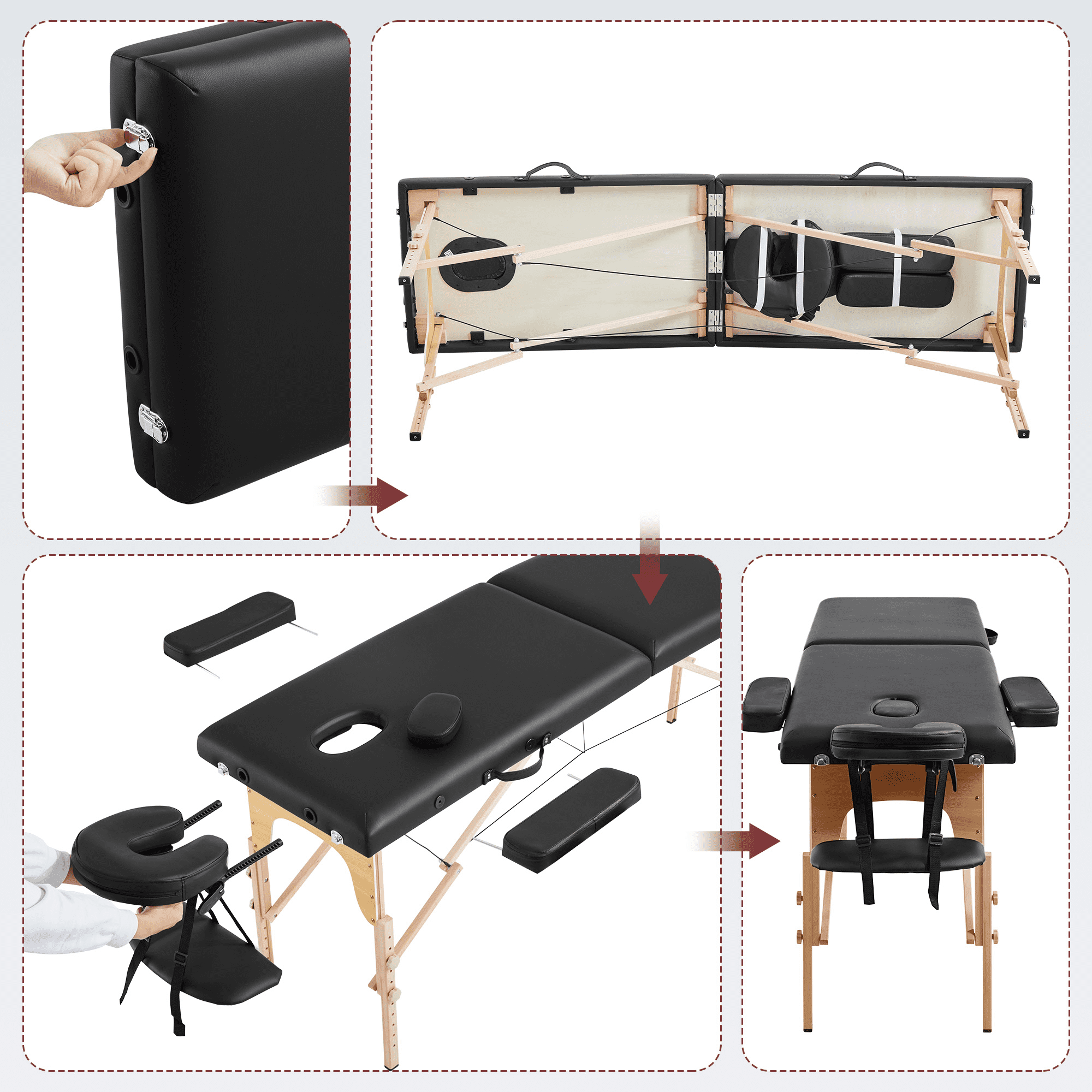 Alden Design 2 Section Adjustable and Foldable Wooden Massage Table, 84" x 30.5", Black