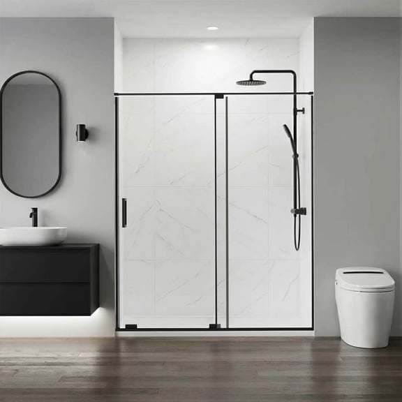 56-60"W x 72"H Semi-Frameless Sliding Shower Door, 5/16"(8mm) SGCC Tempered Glass, Matte Black