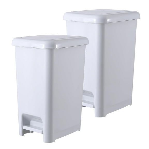 Superio Slim Step On Pedal Plastic Trash Can, Waste Bin for Under Desk, Office, Bedroom, Bathroom, Kitchen (4 gal) (White Smoke, 2 Pack)