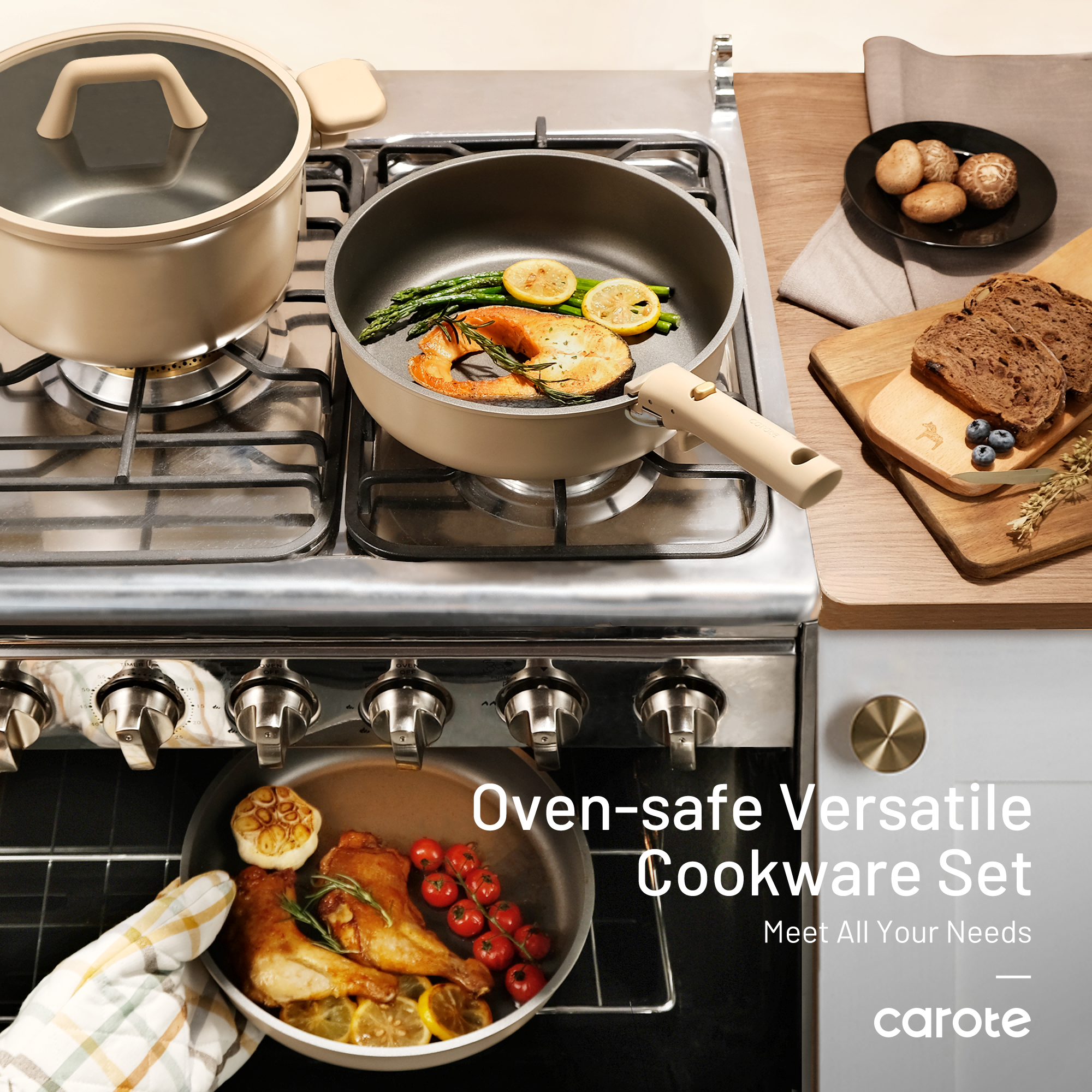 CAROTE 21-Piece Nonstick Cookware Set with Detachable Handle, Pots and Pans Set, Oven/Dishwasher Safe, Brown