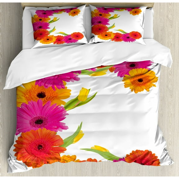 Letter C King Size Duvet Cover Set, Vivid Floral Bouquet Blossom Season Inspired Florets with Tulip Flower, Decorative 3 Piece Bedding Set with 2 Pillow Shams, Orange Hot Pink Green, by Ambesonne
