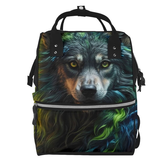 Disketp Sac à Langer Multi-Poches Style Réaliste Loup Coloré, Sac à Dos de Voyage Multifonctionnel, Sac de Soin, Unisexe, à la Mode et Durable