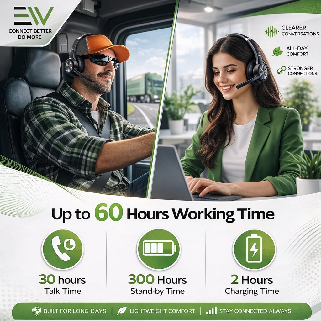 Electronic World Wireless Bluetooth Headset with Mic,Noise Cancelling Trucker & Call Center Headphones,30H Talk Time,Computer Headset for Work,Laptop, Phone & PC (Black)