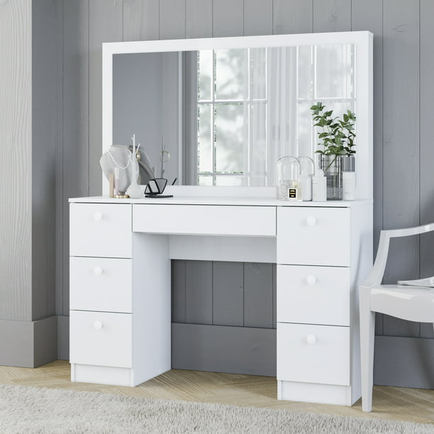 Boahaus Artemisia Modern Vanity Table With Mirror And 7 Drawers White Finish Walmart Com Walmart Com