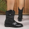thumbnail image 5 of Wide Mid Calf Cowgirl Boots for Women 2025 Fashion Casual Patchwork Leather Pull on Winter Fall Short Cowboy Riding Boots Black Size 6, 5 of 9