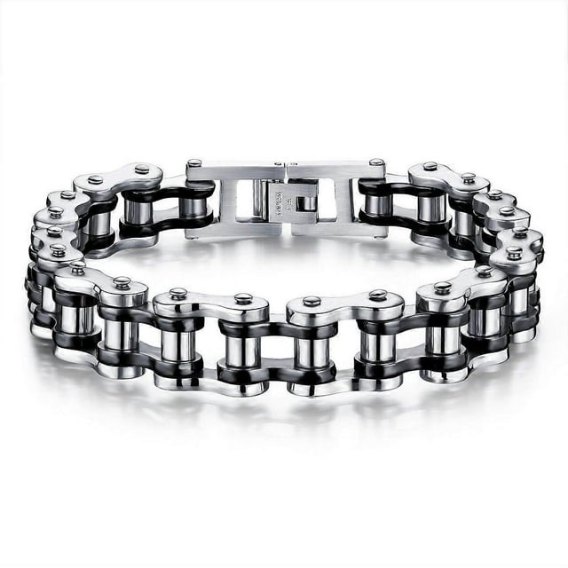 men's stainless steel bracelet 12mm width bike motorcycle chain link bracelets silver/black/gold tone Pulsera masculina 12 mm estilo cadena de motocicleta en tono plateado, vista frontal con eslabones dobles de acero inoxidable 316L, pasadores interiores negros y placas exteriores pulidas, cierre desplegable sólido visible sobre fondo blanco; adecuada como regalo, incluye caja o bolsa de terciopelo.
