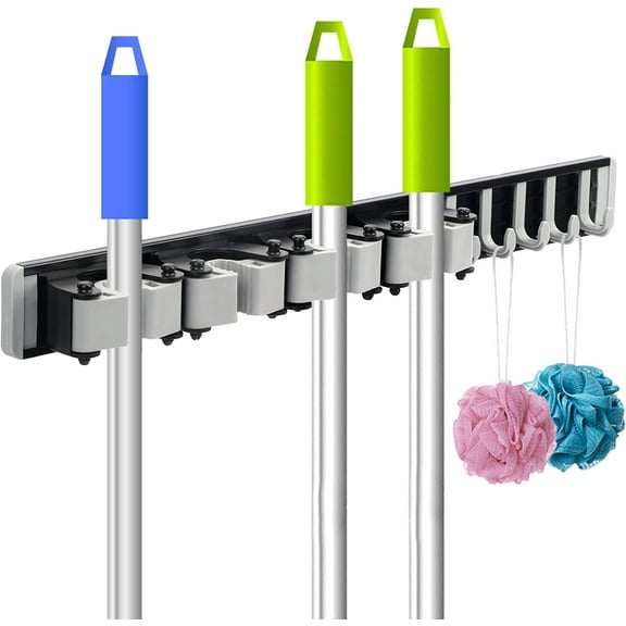 Mop and Broom Storage Organizer Wall Mount with 4 Slots and 5 Hooks Heavy Duty Broom Hanger for Home, Kitchen, Closet, Garden, Garage and Laundry