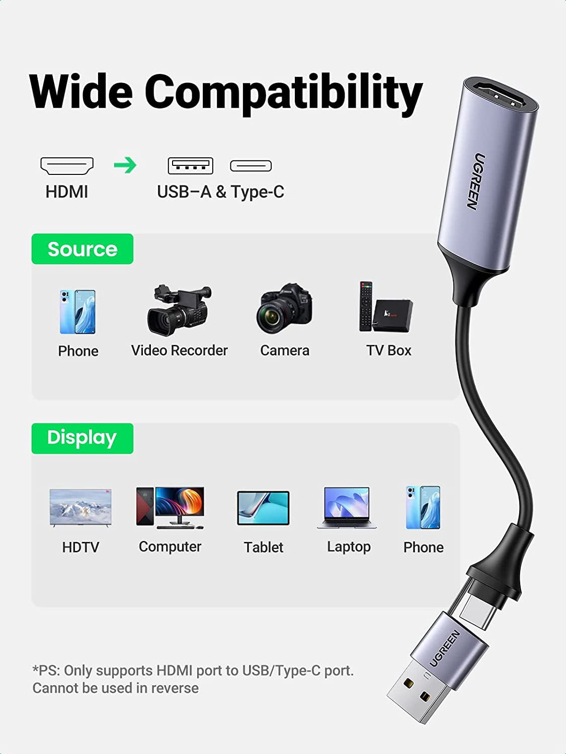 UGREEN HDMI Video Capture Card, 4K HDMI to USB-C/A Capture Device, 1080P 30Hz USB 2.0 Capture Card for Streaming, Recording, Gaming, Live Video, Compatible with PC, Camera, Laptop