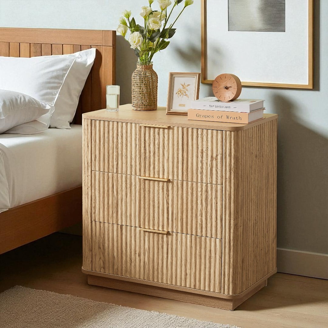 GZXS 27.6" Wide 3-Drawer Nightstand, Contemporary Fluted Wooden Dresser, Easy Assembly for Small Spaces - Oak Finish