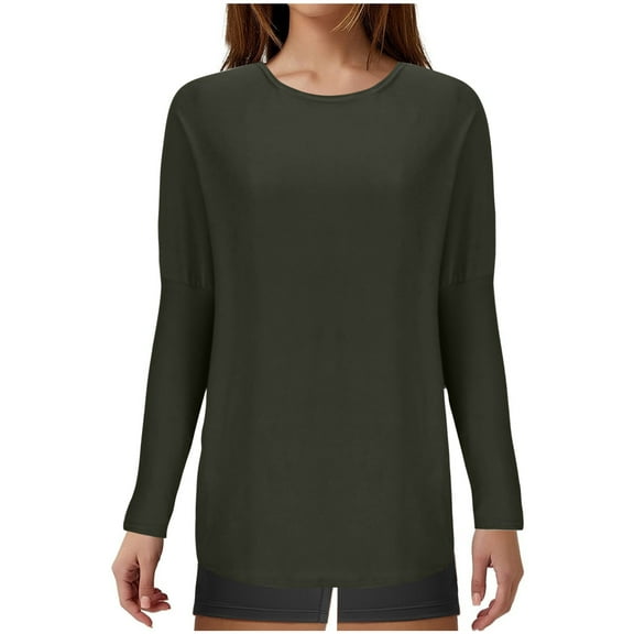 WREESH Womens Fashion Tunic Tops Loose Solid Color Handcuffed Long Sleeved Round Neck T-Shirt Pullover Olive Green