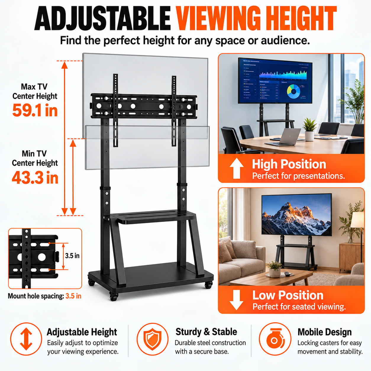 JaxSteam Height-Adjustable Rolling TV Stand for 32–75" TVs photo 7